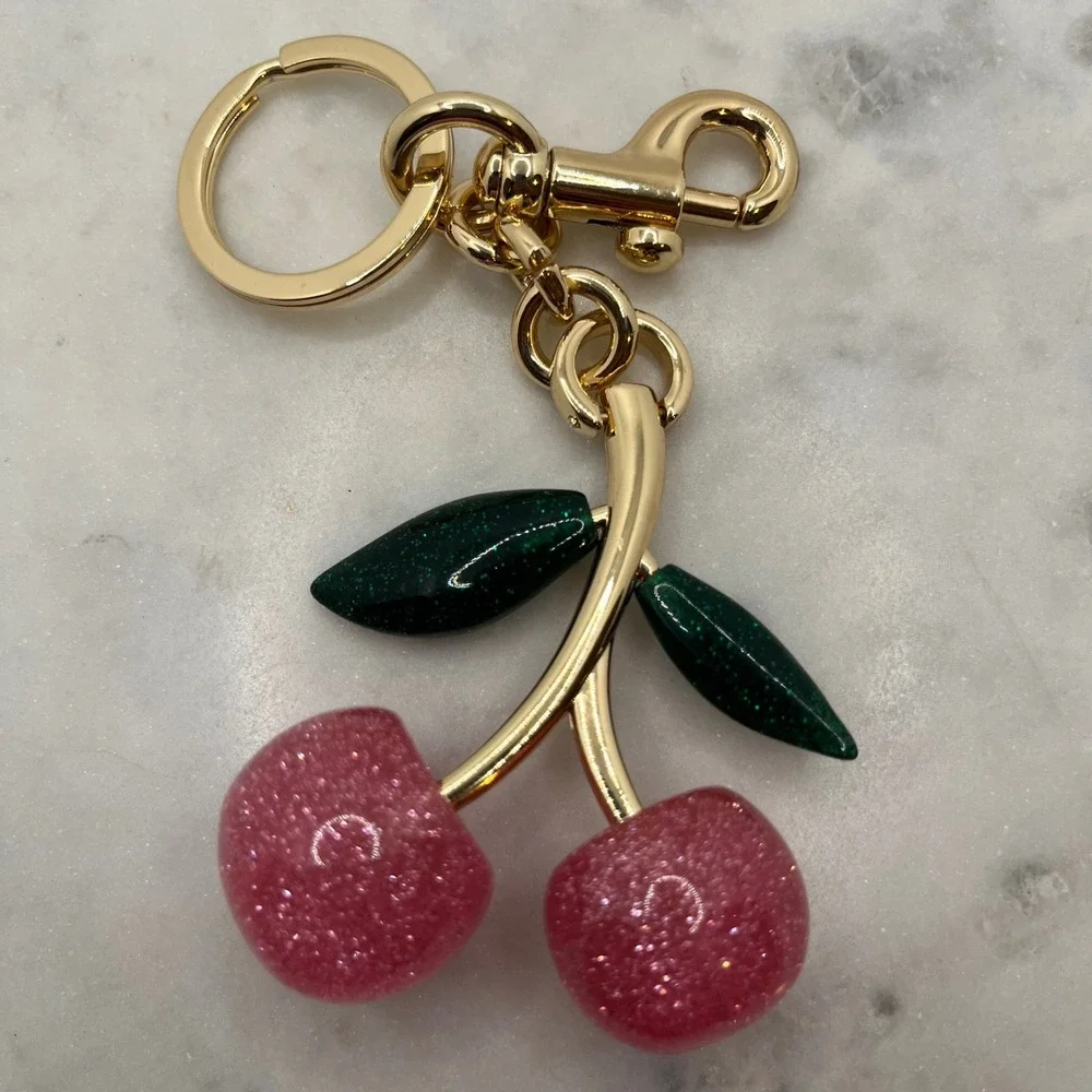 Cherry Bag Charm Keychain Pink Glitter Jumbo Resin Gold Tone Fruit New Accessory